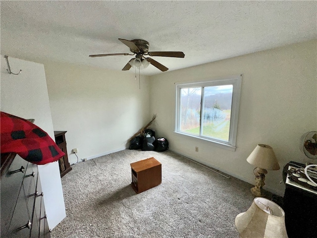 living area featuring ceiling fan, a textured ceiling, and carpet flooring