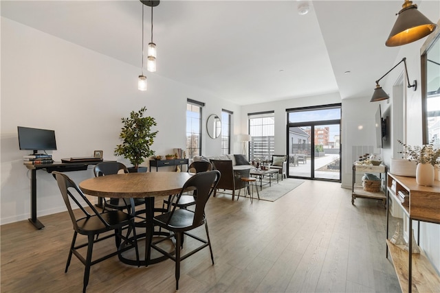 dining space featuring wood-type flooring