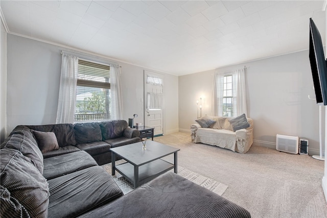 carpeted living room with crown molding