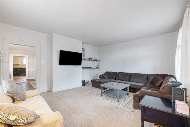 living room featuring light colored carpet and crown molding