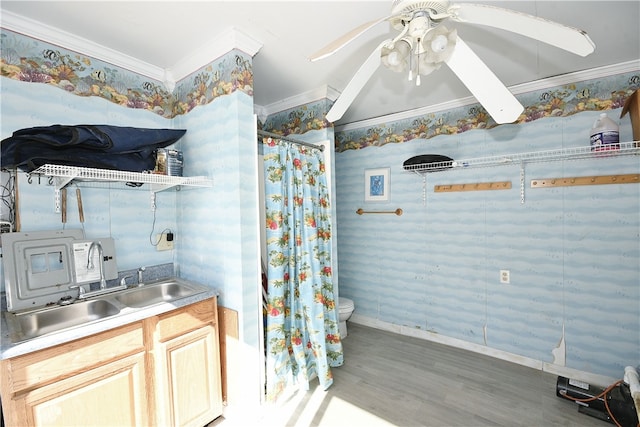 kitchen featuring light brown cabinetry, ceiling fan, sink, light hardwood / wood-style flooring, and ornamental molding