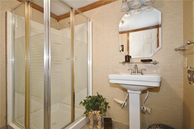 bathroom with a shower with shower door