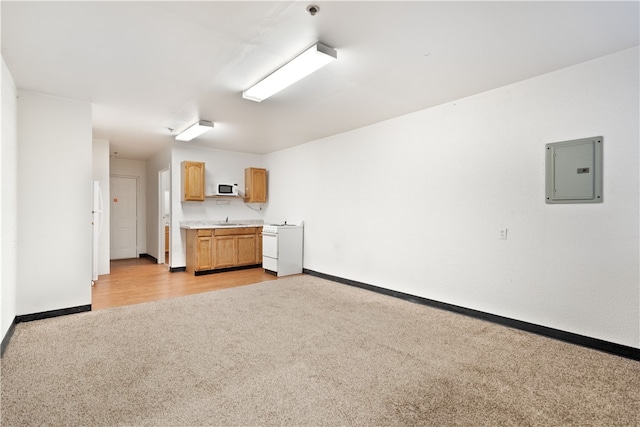 interior space with white fridge, sink, and light carpet