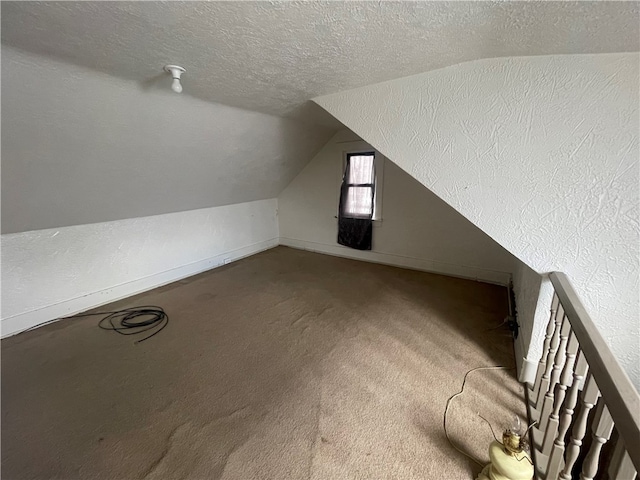 additional living space with carpet flooring, lofted ceiling, and a textured ceiling