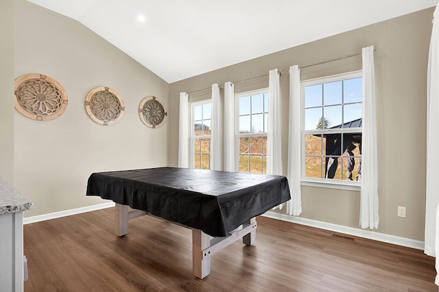 recreation room featuring vaulted ceiling, dark hardwood / wood-style flooring, and billiards