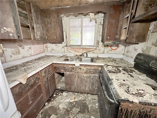 kitchen with dark brown cabinets, sink, light stone counters, and black range with electric cooktop