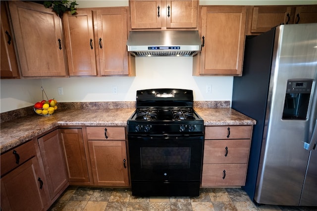 kitchen featuring black gas stove, stainless steel refrigerator with ice dispenser, light tile flooring, and extractor fan