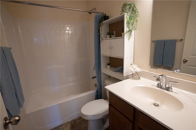 full bathroom with vanity, tile floors, toilet, and shower / bath combination with curtain