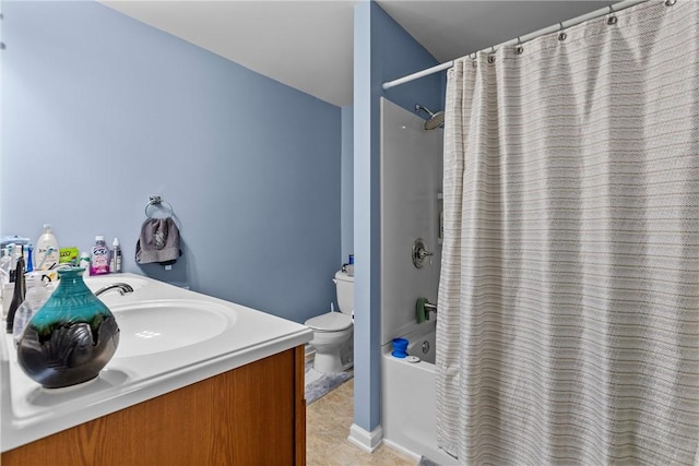 full bathroom featuring vanity, shower / tub combo, and toilet