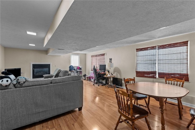 living room featuring light hardwood / wood-style flooring and a textured ceiling