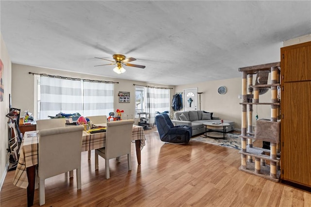 dining space featuring ceiling fan and light hardwood / wood-style floors