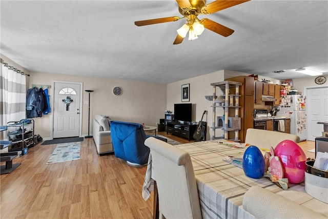 dining area featuring ceiling fan and light wood-type flooring