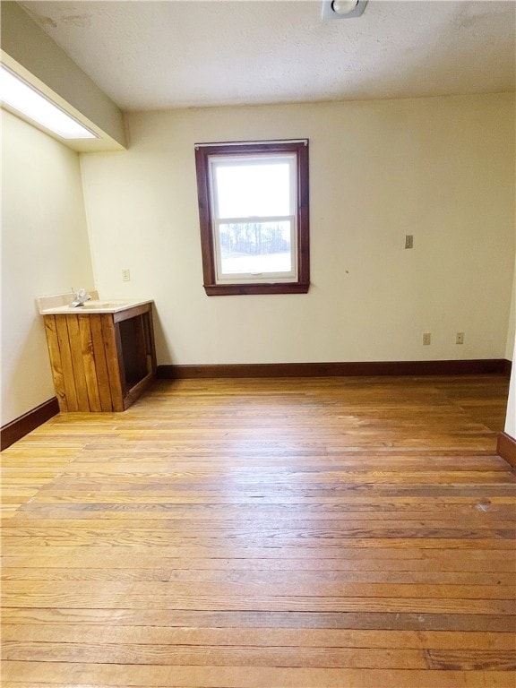 empty room with light hardwood / wood-style floors and sink