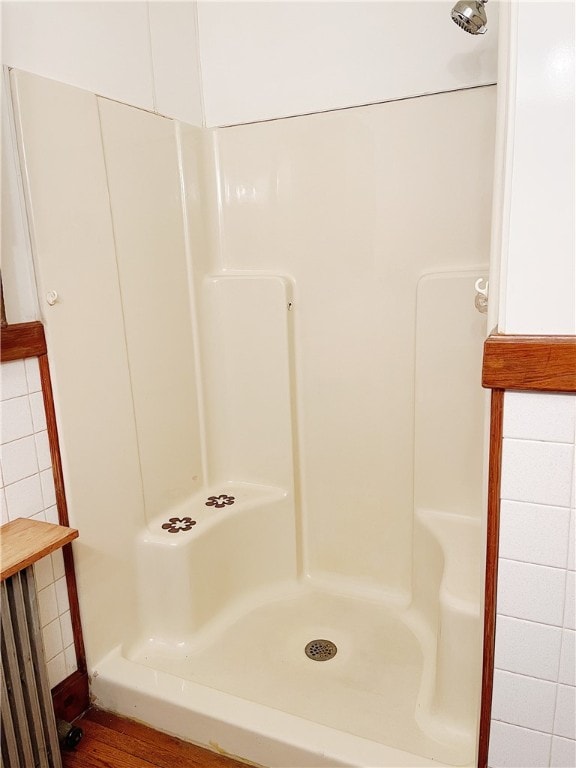 bathroom featuring tile walls, walk in shower, and hardwood / wood-style flooring