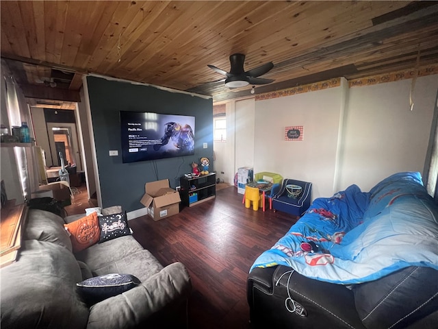 living room featuring dark hardwood / wood-style floors, wood ceiling, and ceiling fan