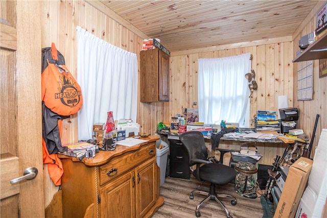 home office with wood walls, light hardwood / wood-style flooring, and wood ceiling