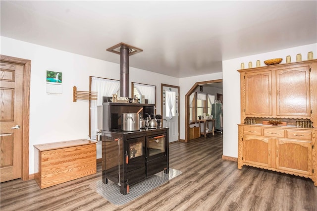 interior space with dark hardwood / wood-style floors and a wood stove