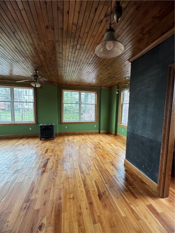 unfurnished living room featuring wooden ceiling, ceiling fan, and hardwood / wood-style floors