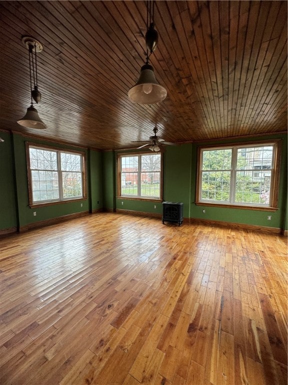 unfurnished living room featuring wood ceiling, ceiling fan, and hardwood / wood-style floors