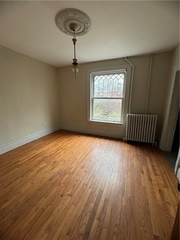 spare room featuring radiator and light hardwood / wood-style flooring