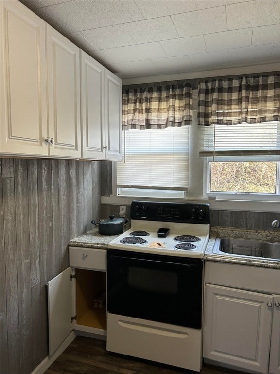 kitchen with white cabinets, white electric range oven, dark hardwood / wood-style floors, and sink