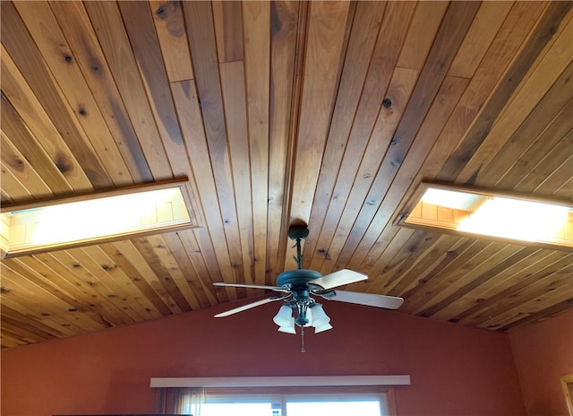 details with a skylight, ceiling fan, and wooden ceiling