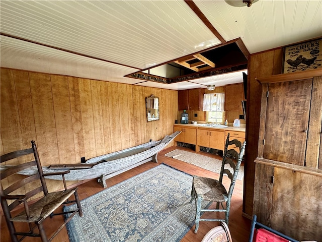 interior space featuring wooden walls and dark wood-type flooring