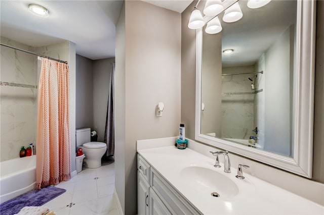 full bathroom with vanity, tile flooring, shower / bath combo with shower curtain, and toilet