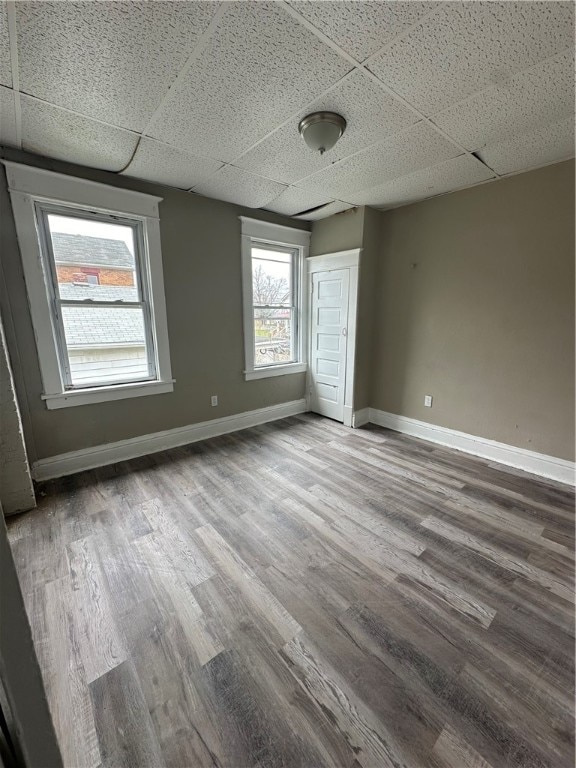 unfurnished room featuring a paneled ceiling and hardwood / wood-style floors