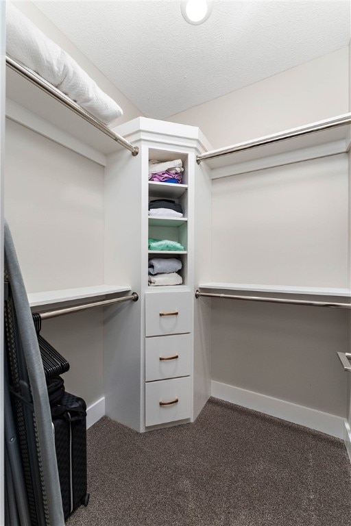 walk in closet featuring dark colored carpet