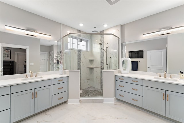 bathroom featuring tile flooring, vanity, and a shower with shower door