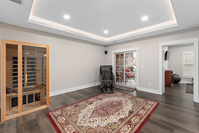 living area featuring dark wood-type flooring and a tray ceiling