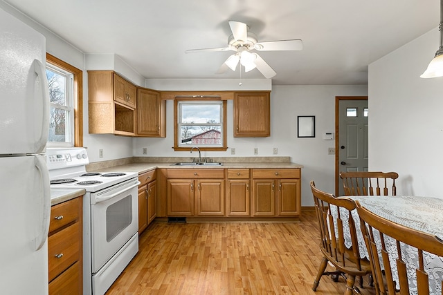 kitchen with ceiling fan, white appliances, light hardwood / wood-style floors, decorative light fixtures, and sink