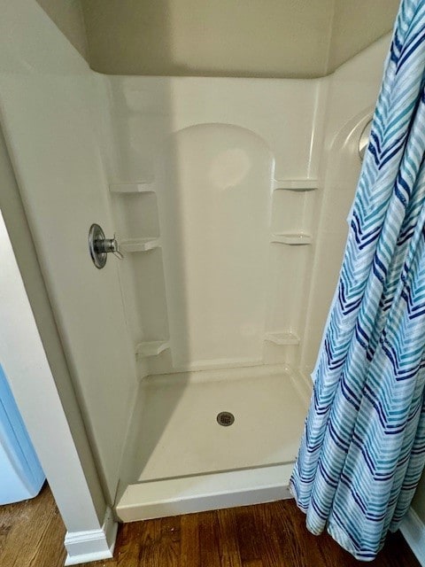 bathroom with wood-type flooring and a shower with curtain