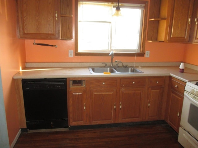 kitchen with decorative light fixtures, dark hardwood / wood-style flooring, electric range, dishwasher, and sink