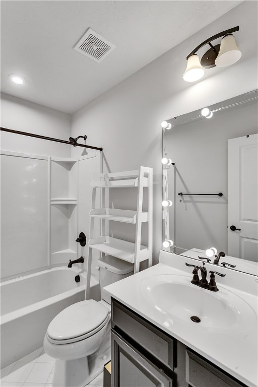 full bathroom featuring tile floors, vanity, toilet, and shower / tub combination