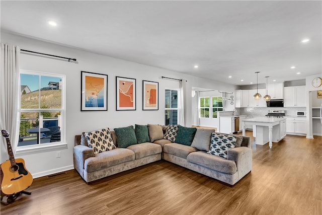 living room featuring sink and light hardwood / wood-style floors