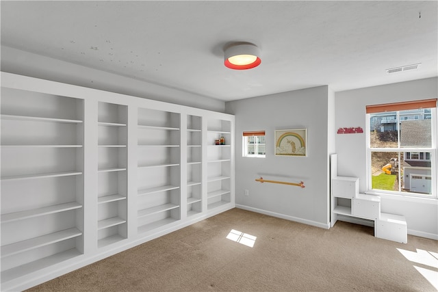 carpeted empty room with built in shelves