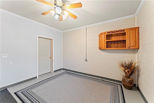 unfurnished bedroom with crown molding and ceiling fan