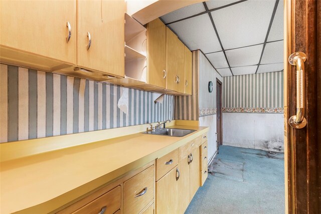 kitchen featuring light carpet, sink, and a paneled ceiling