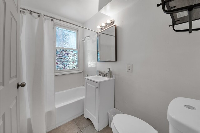 full bathroom with vanity, tile floors, toilet, and shower / bath combination with curtain