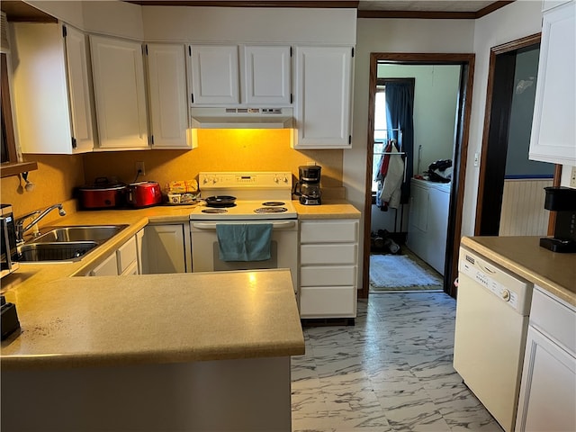 kitchen with sink, wall chimney range hood, white cabinetry, and electric stove