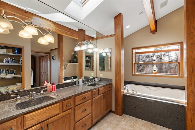 bathroom featuring vanity with extensive cabinet space, a bathtub, vaulted ceiling with skylight, double sink, and tile flooring