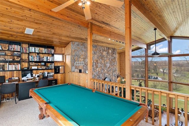 recreation room featuring beamed ceiling, ceiling fan, billiards, light colored carpet, and wooden ceiling