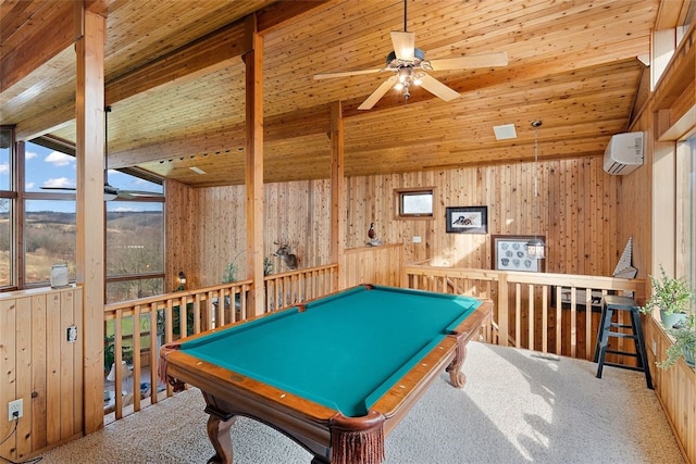 rec room with ceiling fan, carpet, billiards, vaulted ceiling, and wooden ceiling