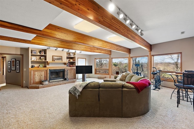 carpeted living room featuring beamed ceiling and rail lighting