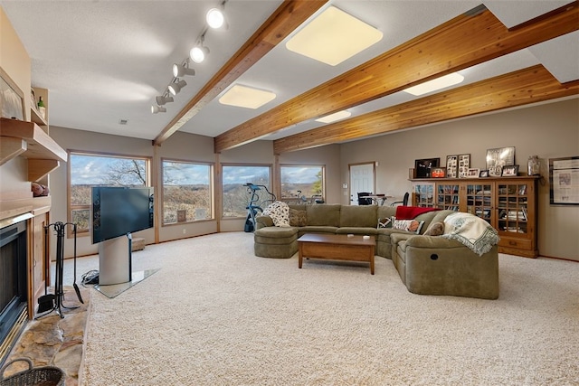 carpeted living room with beam ceiling and track lighting