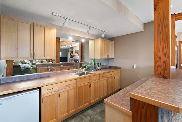 kitchen with fridge, sink, light brown cabinets, and track lighting