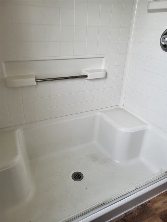 bathroom with walk in shower and hardwood / wood-style flooring