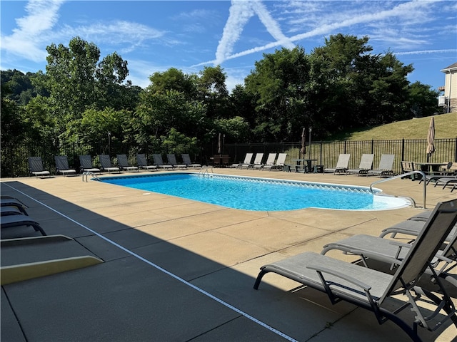 view of swimming pool featuring a patio area